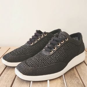 VIA SPIGA MACRA 2 RAFFIA WOVEN LACE UP SNEAKERS. BLACK/SIZE: 6